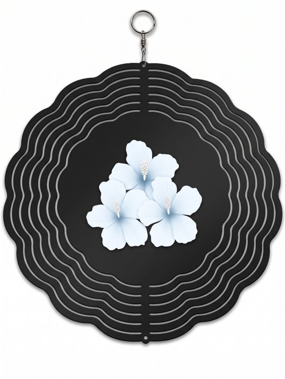 10" White Hibiscus Flower Kinetic Wind Spinner - Black Metal Hanging Yard Decor